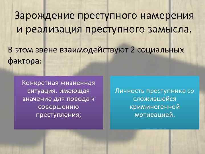 Зарождение преступного намерения и реализация преступного замысла. В этом звене взаимодействуют 2 социальных фактора: