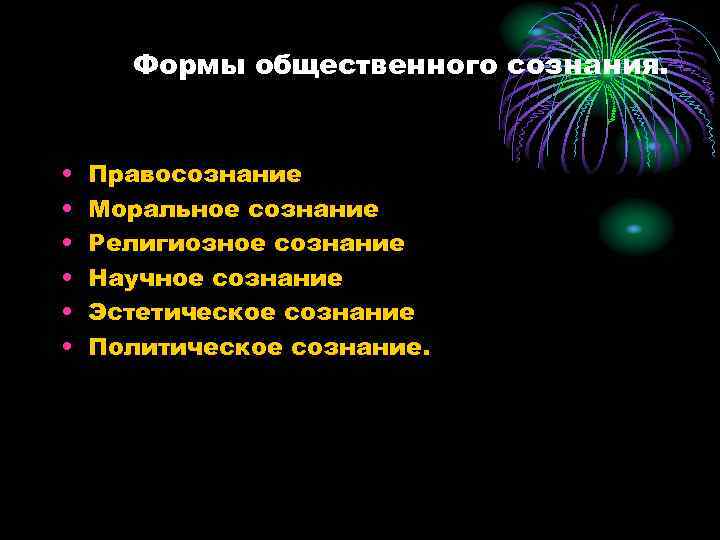 Формы общественного сознания. • • • Правосознание Моральное сознание Религиозное сознание Научное сознание Эстетическое