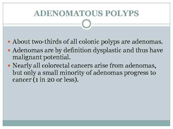 ADENOMATOUS POLYPS About two-thirds of all colonic polyps are adenomas. Adenomas are by definition