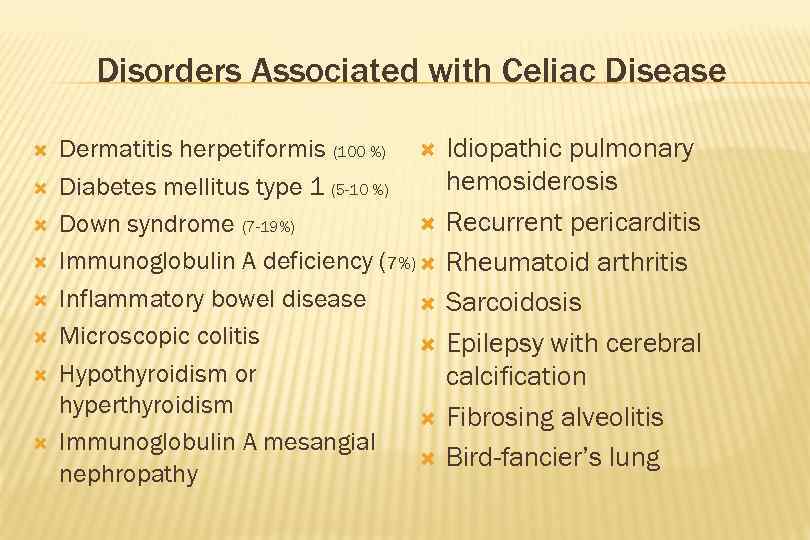 Disorders Associated with Celiac Disease Dermatitis herpetiformis (100 %) Diabetes mellitus type 1 (5