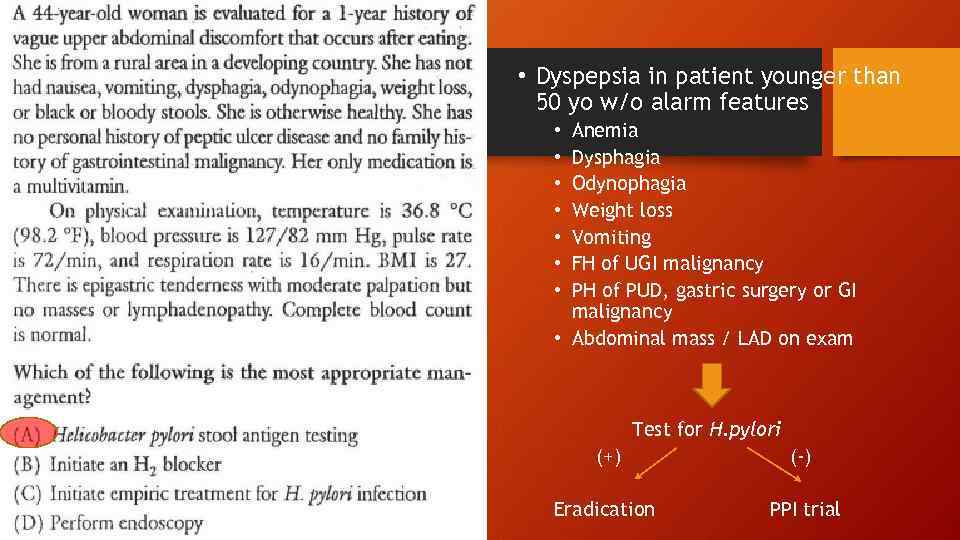  • Dyspepsia in patient younger than 50 yo w/o alarm features Anemia Dysphagia