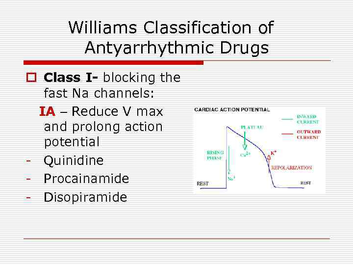 Williams Classification of Antyarrhythmic Drugs o Class I- blocking the fast Na channels: IA