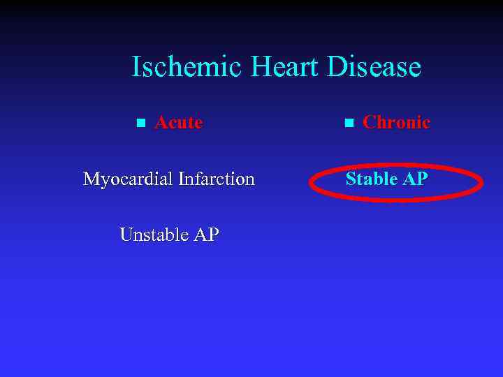 Ischemic Heart Disease n Acute Myocardial Infarction Unstable AP n Chronic Stable AP 