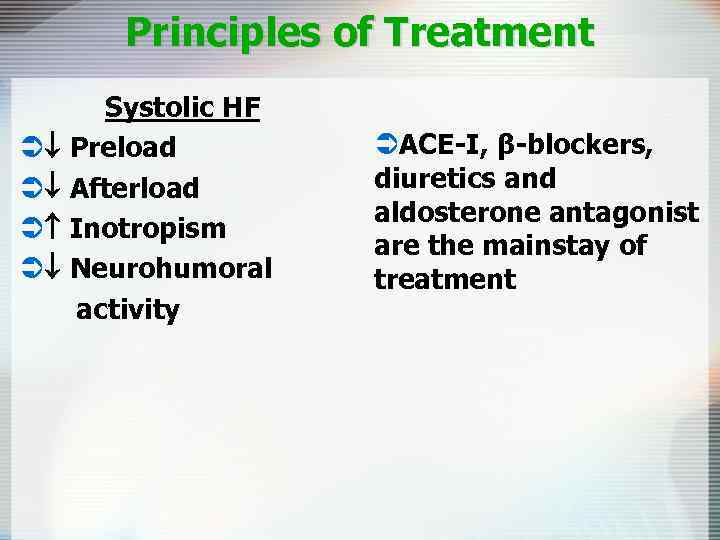 Principles of Treatment Systolic HF Ü Preload Ü Afterload Ü Inotropism Ü Neurohumoral activity