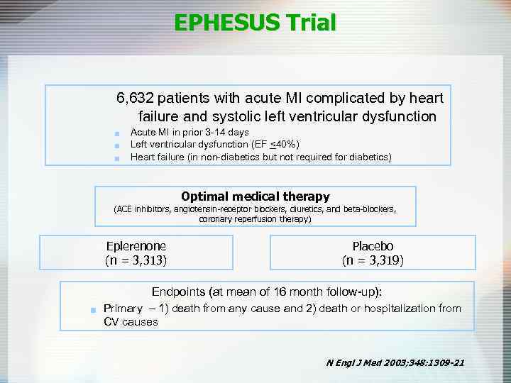 EPHESUS Trial 6, 632 patients with acute MI complicated by heart failure and systolic