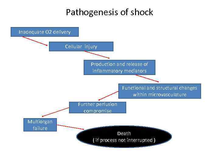 Pathogenesis of shock Inadequate O 2 delivery Cellular injury Production and release of inflammatory