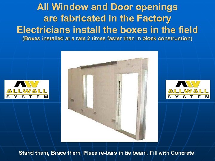 All Window and Door openings are fabricated in the Factory Electricians install the boxes