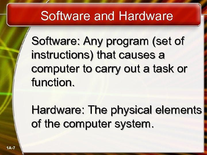 Software and Hardware Software: Any program (set of instructions) that causes a computer to
