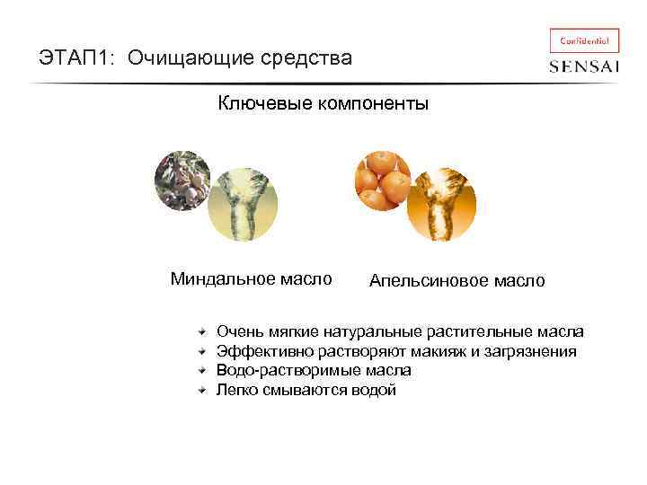 ЭТАП 1: Очищающие средства Ключевые компоненты Миндальное масло Апельсиновое масло Очень мягкие натуральные растительные