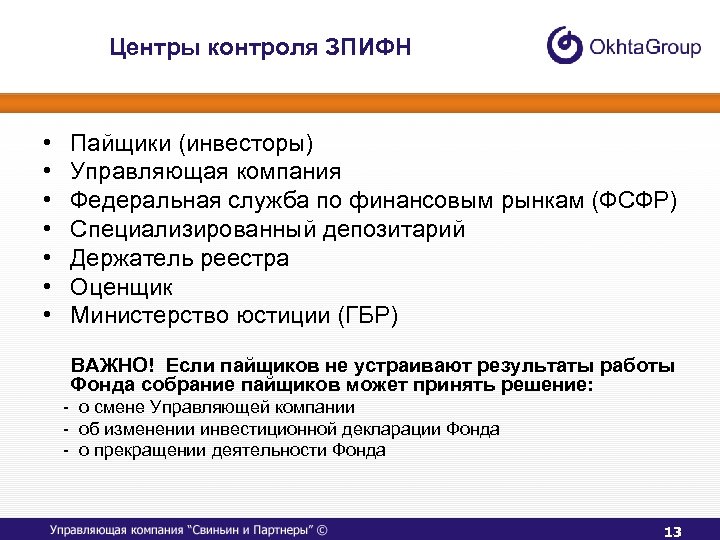 Центры контроля ЗПИФН • • Пайщики (инвесторы) Управляющая компания Федеральная служба по финансовым рынкам