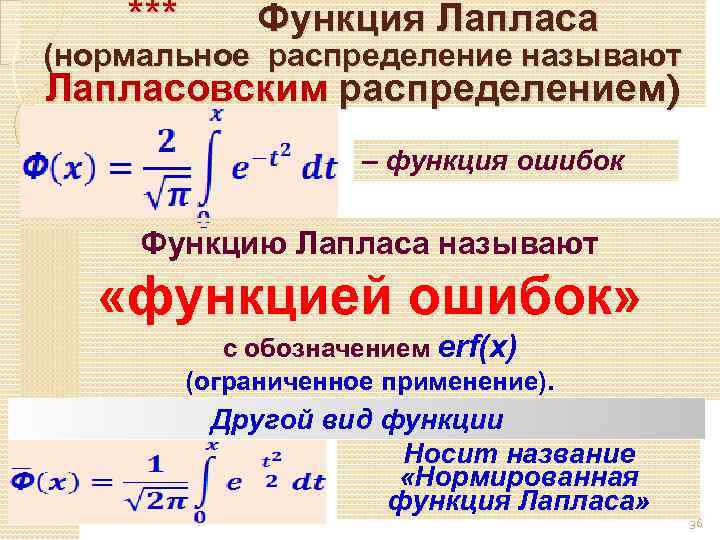 *** Функция Лапласа (нормальное распределение называют Лапласовским распределением) – функция ошибок Функцию Лапласа называют
