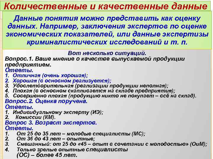 Количественные и качественные данные Данные понятия можно представить как оценку данных. Например, заключения экспертов
