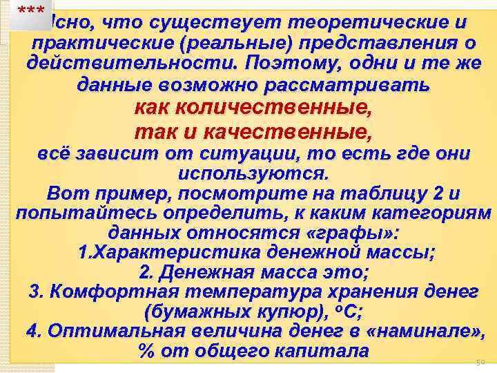 *** Ясно, что существует теоретические и практические (реальные) представления о действительности. Поэтому, одни и