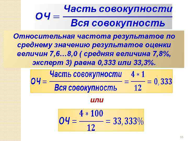 Относительная частота результатов по среднему значению результатов оценки величин 7, 6… 8, 0 (