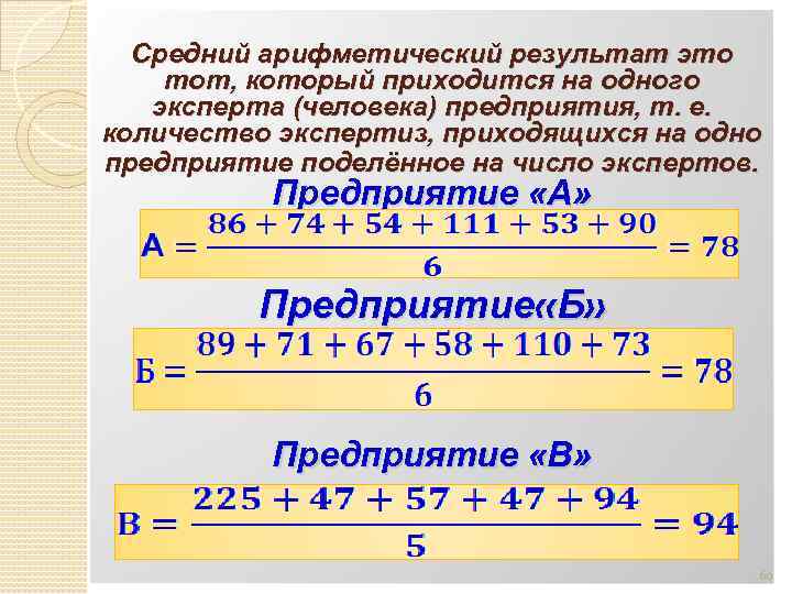 Средний арифметический результат это тот, который приходится на одного эксперта (человека) предприятия, т. е.