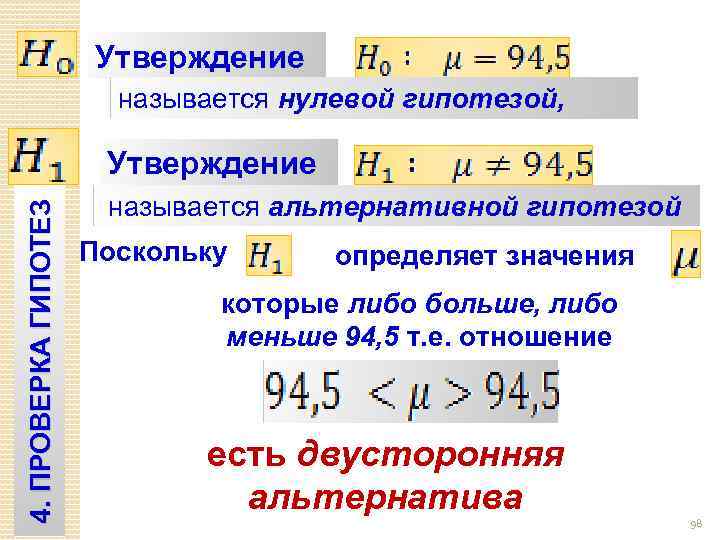 Утверждение называется нулевой гипотезой, 4. ПРОВЕРКА ГИПОТЕЗ Утверждение называется альтернативной гипотезой Поскольку определяет значения