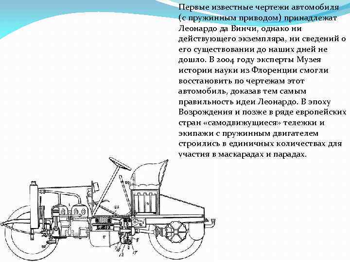 Известные чертежи. Первые известные чертежи автомобиля (с пружинным приводом). Чертежи автомобиля (с пружинным приводом) принадлежат Леонардо. Кому принадлежат первые исторически известные чертежи автомобиля?.