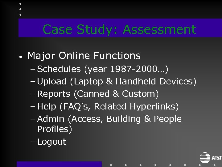 Case Study: Assessment • Major Online Functions – Schedules (year 1987 -2000…) – Upload