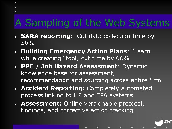 A Sampling of the Web Systems • • • SARA reporting: Cut data collection