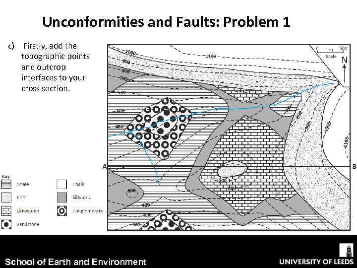 Unconformities and Faults: Problem 1 c) Firstly, add the topographic points and outcrop interfaces