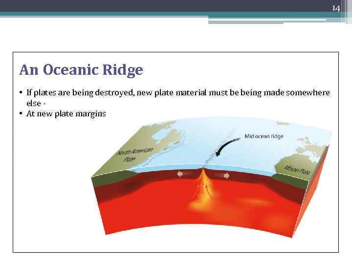 14 An Oceanic Ridge • If plates are being destroyed, new plate material must