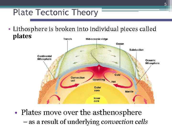 5 Plate Tectonic Theory • Lithosphere is broken into individual pieces called plates •