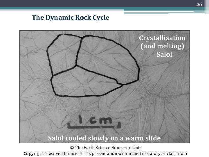 26 The Dynamic Rock Cycle Crystallisation (and melting) - Salol cooled slowly on a