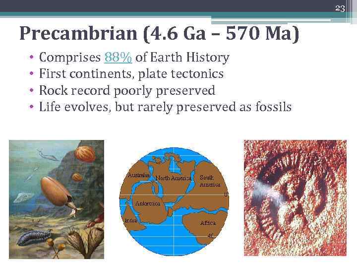 23 Precambrian (4. 6 Ga – 570 Ma) • • Comprises 88% of Earth