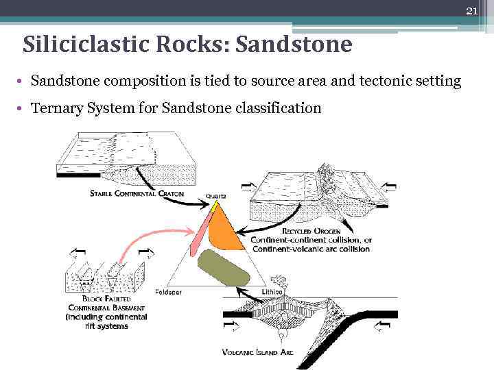 21 Siliciclastic Rocks: Sandstone • Sandstone composition is tied to source area and tectonic