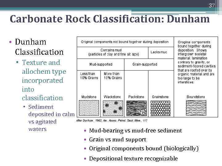 37 Carbonate Rock Classification: Dunham • Dunham Classification • Texture and allochem type incorporated