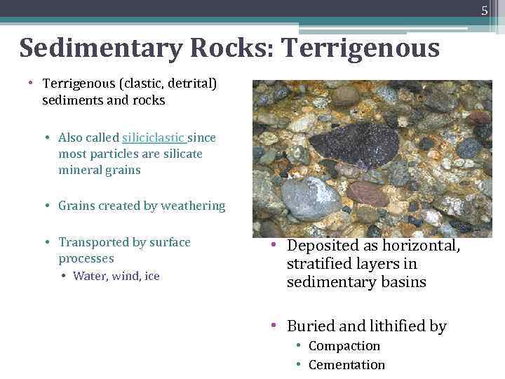 5 Sedimentary Rocks: Terrigenous • Terrigenous (clastic, detrital) sediments and rocks • Also called