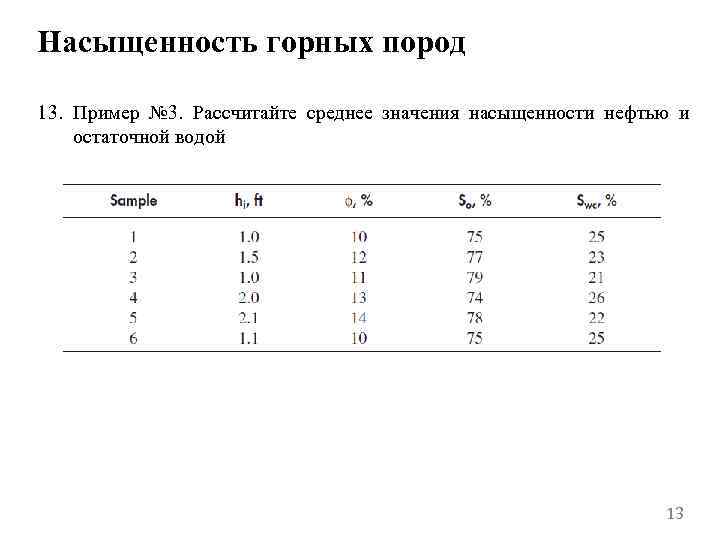 Насыщенность горных пород 13. Пример № 3. Рассчитайте среднее значения насыщенности нефтью и остаточной