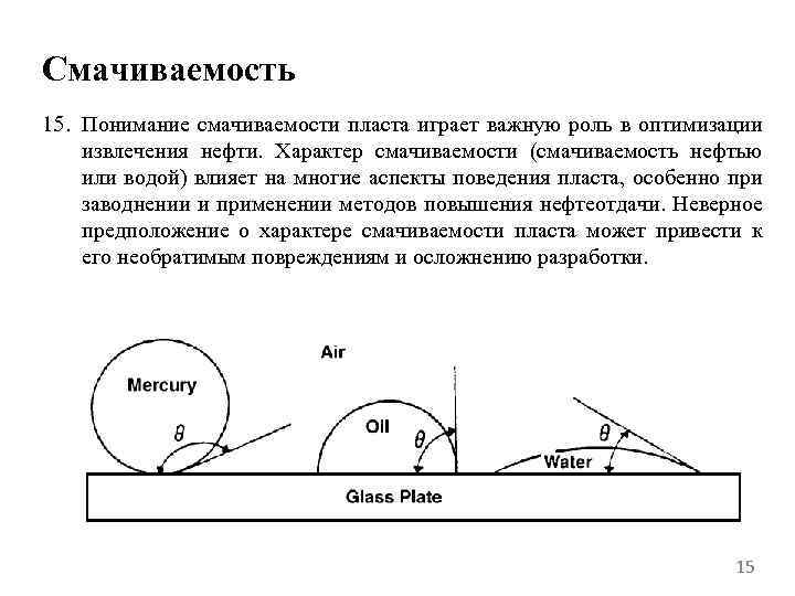 Смачиваемость 15. Понимание смачиваемости пласта играет важную роль в оптимизации извлечения нефти. Характер смачиваемости