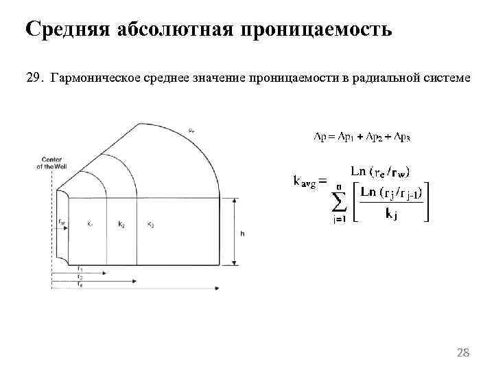 Средняя абсолютная проницаемость 29. Гармоническое среднее значение проницаемости в радиальной системе 28 