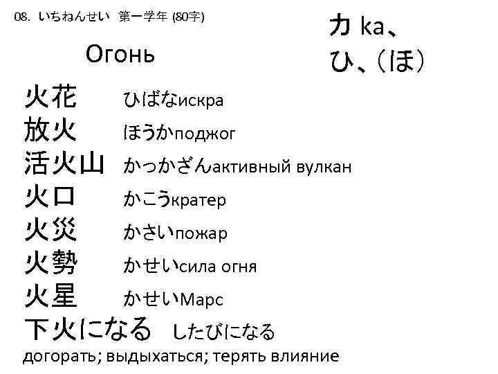 08. いちねんせい　第一学年 (80字) Огонь カ ka、 ひ、（ほ） 火花 ひばなискра 放火 ほうかподжог 活火山 かっかざんактивный вулкан