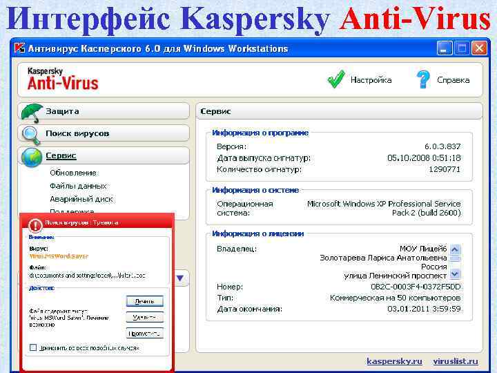 Интерфейс Kaspersky Anti-Virus 