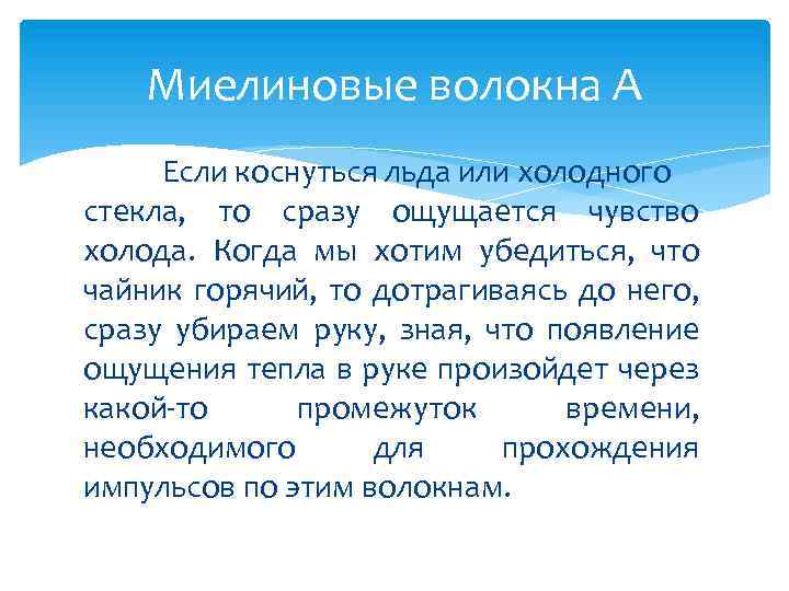 Миелиновые волокна А Если коснуться льда или холодного стекла, то сразу ощущается чувство холода.