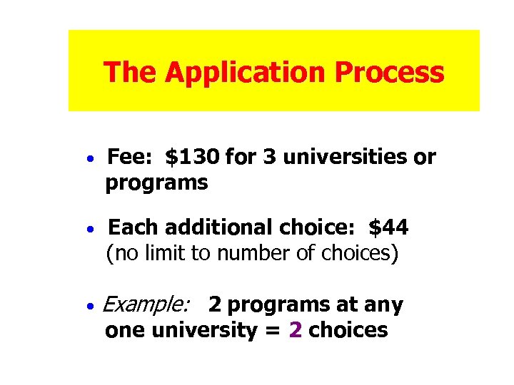 The Application Process · Fee: $130 for 3 universities or programs · Each additional