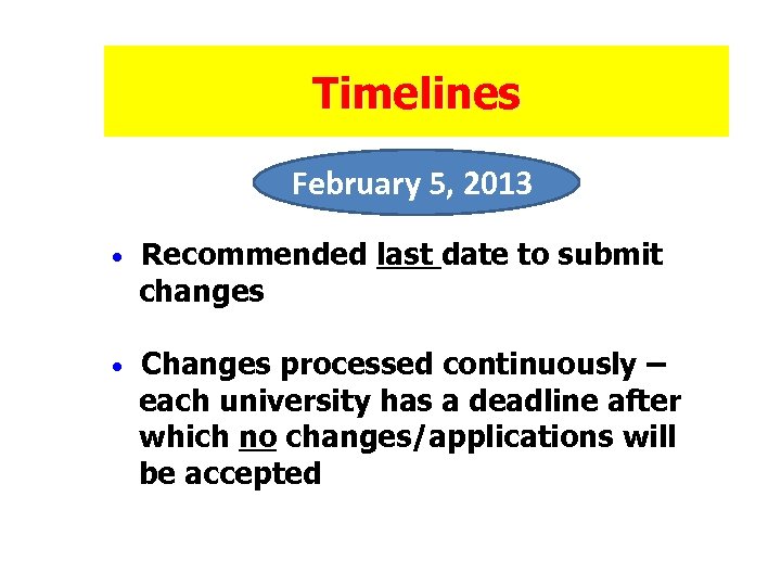 Timelines February 5, 2013 • Recommended last date to submit changes • Changes processed