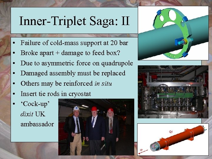 Inner-Triplet Saga: II • • Failure of cold-mass support at 20 bar Broke apart