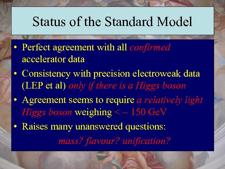 Status of the Standard Model • Perfect agreement with all confirmed accelerator data •