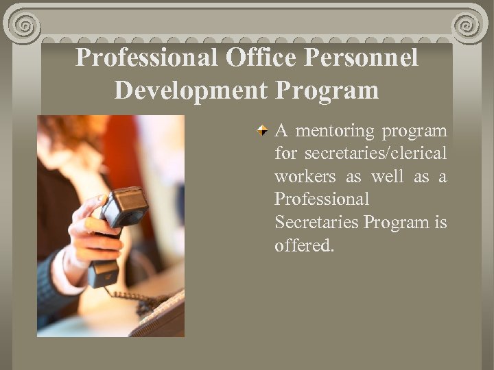 Professional Office Personnel Development Program A mentoring program for secretaries/clerical workers as well as