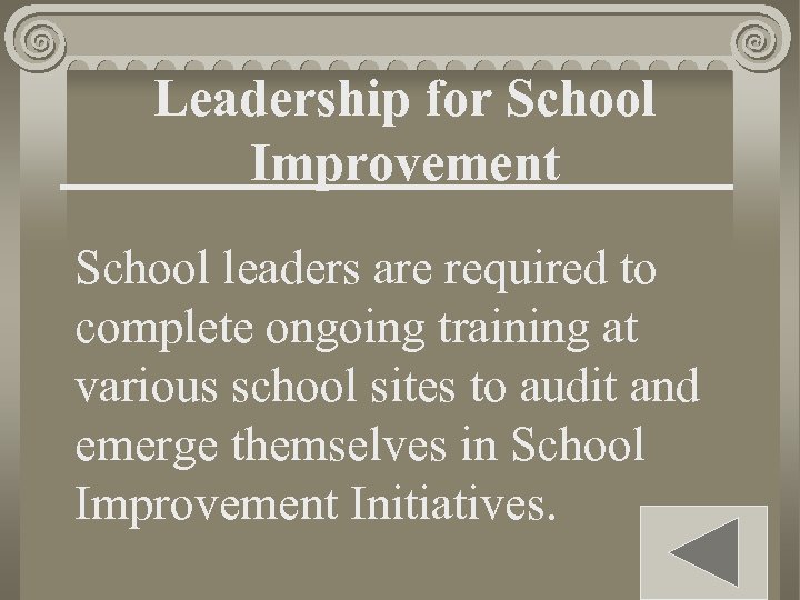 Leadership for School Improvement School leaders are required to complete ongoing training at various