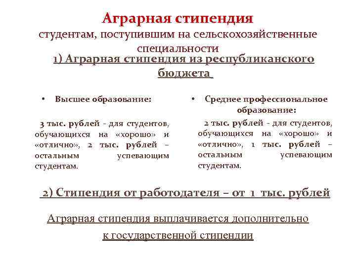 Аграрная стипендия студентам, поступившим на сельскохозяйственные специальности 1) Аграрная стипендия из республиканского бюджета •