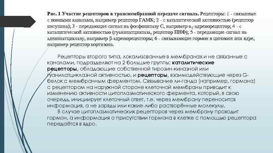 Рис. 1 Участие рецепторов в трансмембранной передаче сигнала. Рецепторы: 1 - связанные с ионными