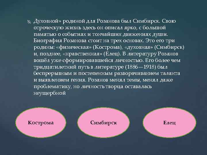  Духовной» родиной для Розанова был Симбирск. Свою отроческую жизнь здесь он описал ярко,