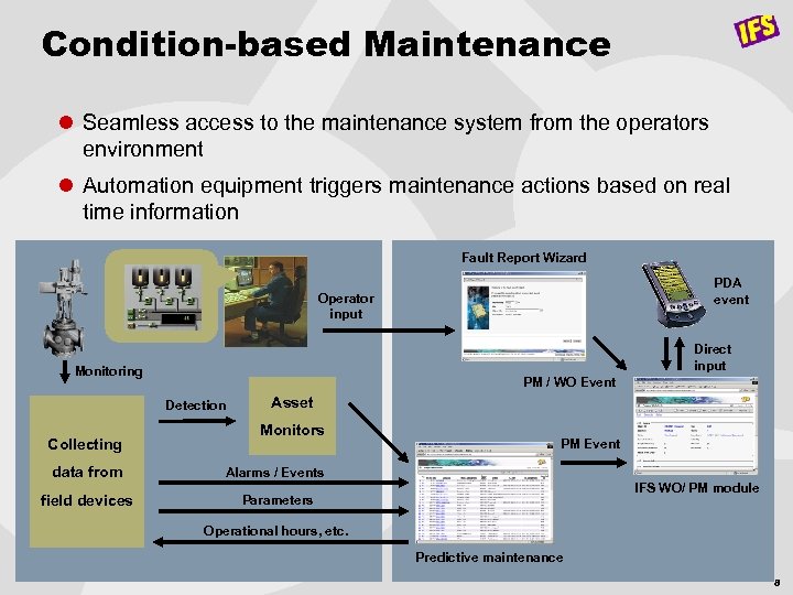 Condition-based Maintenance l Seamless access to the maintenance system from the operators environment l
