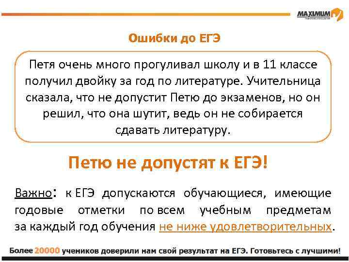Ошибки до ЕГЭ Петя очень много прогуливал школу и в 11 классе получил двойку