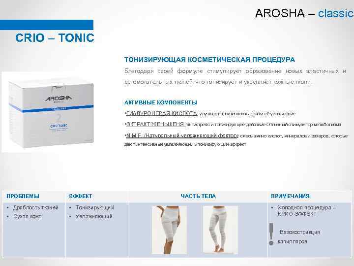 AROSHA – classic CRIO – TONIC ТОНИЗИРУЮЩАЯ КОСМЕТИЧЕСКАЯ ПРОЦЕДУРА Благодаря своей формуле стимулирует образование