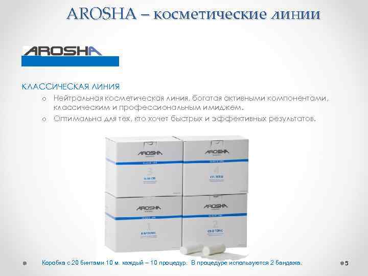 AROSHA – косметические линии КЛАССИЧЕСКАЯ ЛИНИЯ o Нейтральная косметическая линия, богатая активными компонентами, классическим